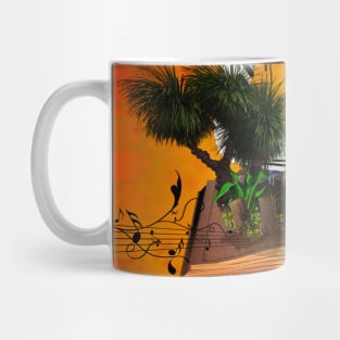 A piano is flying out of a book. Mug